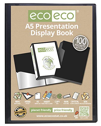 Storage Case Portfolio Art Folder with Plastic Sleeves eco001x2, Pack of 2 Books eco-eco A5 Size 50% Recycled 20 Pocket Black Presentation Display Book